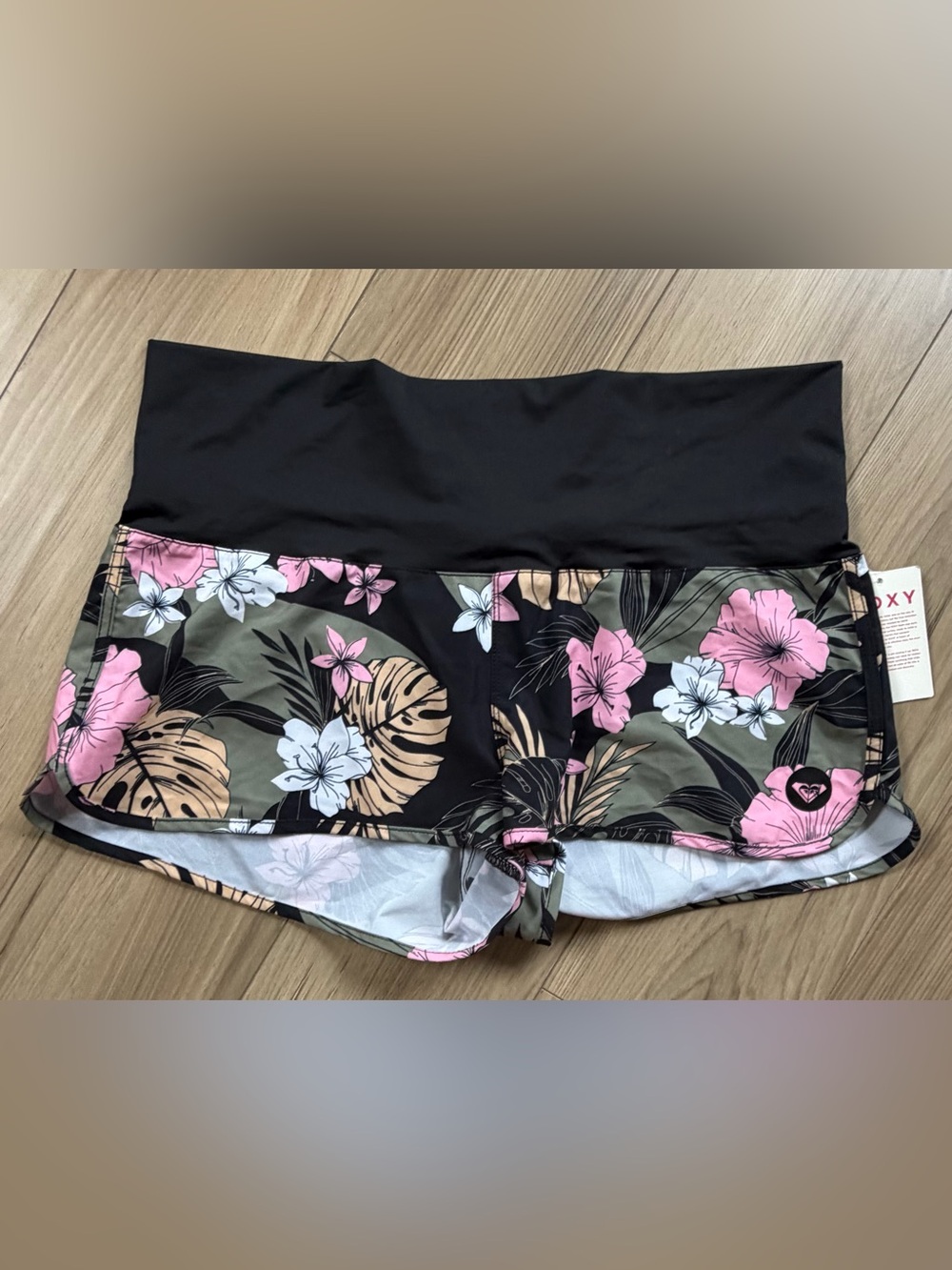 Roxy Women's Endless Summer Floral Swim Shorts - Black with Pink Floral XL